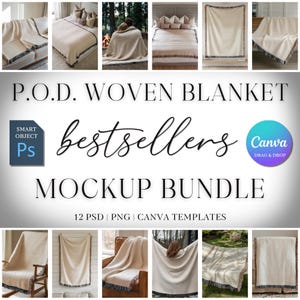May include: A mockup bundle featuring woven blankets in various settings. The blankets are cream-colored with fringed edges. The text includes "P.O.D. WOVEN BLANKET," "bestsellers," and "MOCKUP BUNDLE." The bundle includes 12 PSD and PNG templates.