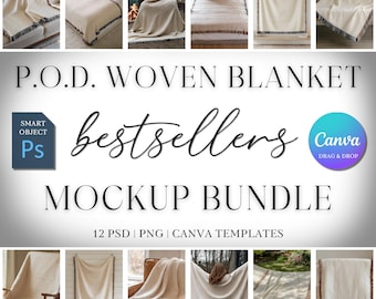Mockup-paket med vävd filt, Printify Fransad filt PNG Canva-mall Dra och släpp Photoshop PSD Mockup med vävd filt för Etsy-butik