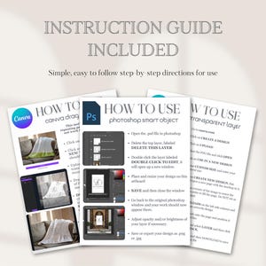May include: Instruction guide included, featuring step-by-step directions. The image showcases three instructional sheets with text and screenshots. One sheet details Canva drag, another Photoshop smart object use, and a third on transparent layers.