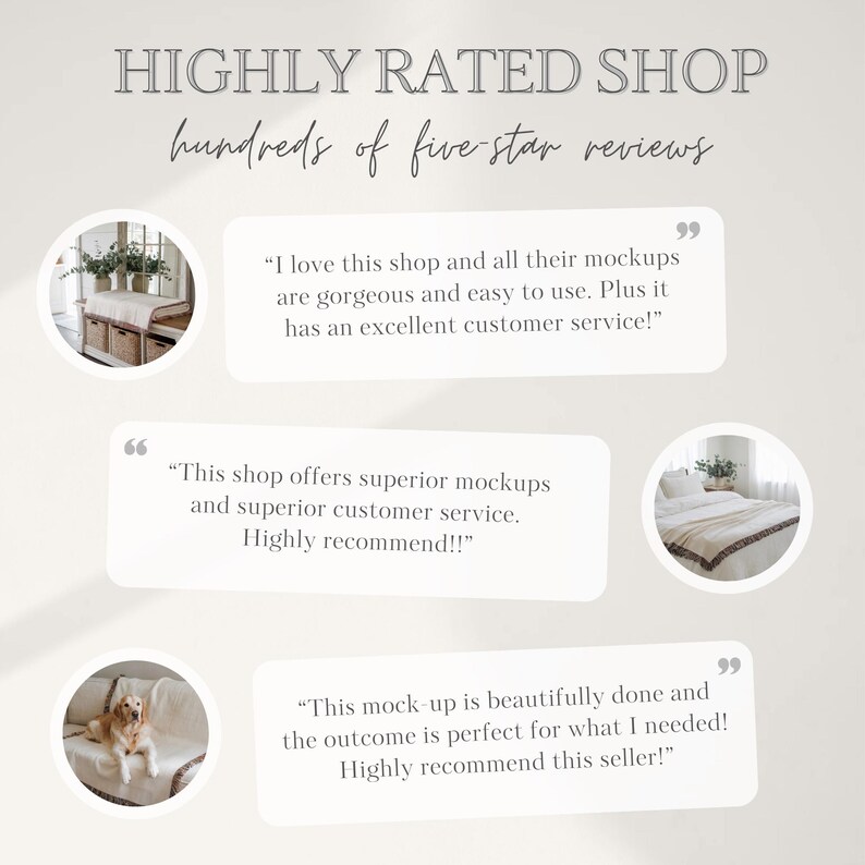 May include: Image displaying a shop's high rating, with the text "HIGHLY RATED SHOP" and "hundreds of five star reviews." Features customer testimonials in speech bubbles, accompanied by small circular images. The overall theme is positive customer feedback.