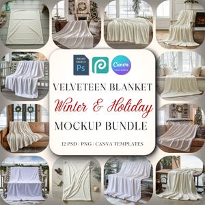 May include: A selection of images featuring a velveeteen blanket, draped over furniture in different settings. The blanket is shown in various rooms. Text on the image reads "VELVETEEN BLANKET Winter & Holiday MOCKUP BUNDLE".