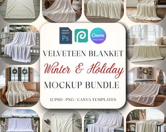 Velveteen Blanket Mockup Bundle, Christmas Minky Fleece Blanket Mock Up, Printify Plush Throw Blanket, Photoshop Smart Object PSD Canva PNG
