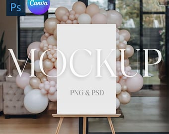 Baby Shower Sign Mockup for Girl Welcome Sign Mock Up Pink Balloons Easel Sign Mockup Vertical Poster Photoshop Smart Object PSD, Canva PNG