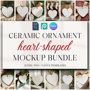 May include: A mockup bundle featuring heart-shaped ceramic ornaments. The ornaments are white and have a gold string for hanging. The text on the image reads "CERAMIC ORNAMENT heart-shaped MOCKUP BUNDLE". The bundle includes 12 PSD and PNG templates.