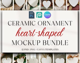 Heart Ornament Mockup Bundle 1, Heart-shaped Ceramic Ornament Mock Up, Print on Demand Ornament with Gold String, Holiday Mockups PSD Canva