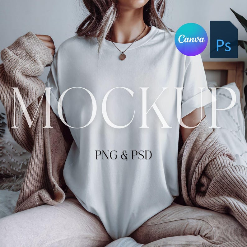 Comfort Colors Mockup T-shirt bianca Mockup CC1717 Trendy Oversized Fit Mockup per stampa su richiesta Photoshop Smart Object PSD, PNG per Canva immagine 1