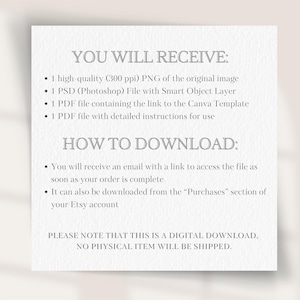 May include: A white paper with text detailing digital download contents and instructions. The text includes: high-quality PNG, PSD file, Canva template link, and download instructions. It also states that no physical item will be shipped.