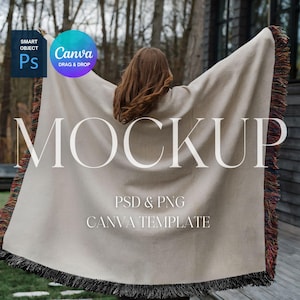 Woven Blanket Mockup With Black and White Fringe, Print on Demand Woven Throw Blanket Mock Up, Photoshop Smart Object PSD, Canva Drag & Drop