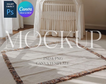Baby Woven Blanket Mockup, Kids Woven Throw Blanket Mock Up, Nursery Woven Blanket Mockup, Photoshop Smart Object PSD, Canva Drag & Drop PNG