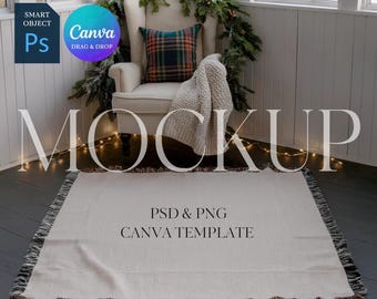 Christmas Woven Blanket Mockup With Black and White Fringe, Print on Demand Woven Throw Blanket Mock Up Photoshop Smart Object PSD Canva PNG