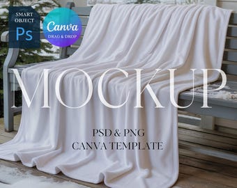 May include: A white blanket draped over a gray wooden bench. The word "MOCKUP" is prominently displayed on the blanket. The image also includes text indicating it is a PSD & PNG Canva template.