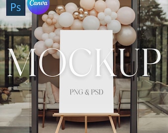 Baby Shower Sign Mockup for Girl Welcome Sign Mock Up Pink Balloons Easel Sign Mockup Vertical Poster Photoshop Smart Object PSD, Canva Png
