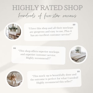 May include: Image showcasing a shop's high rating, with the text "HIGHLY RATED SHOP" and "hundreds of five star reviews." Includes customer testimonials in speech bubbles, with small circular images. The overall theme is positive customer feedback.