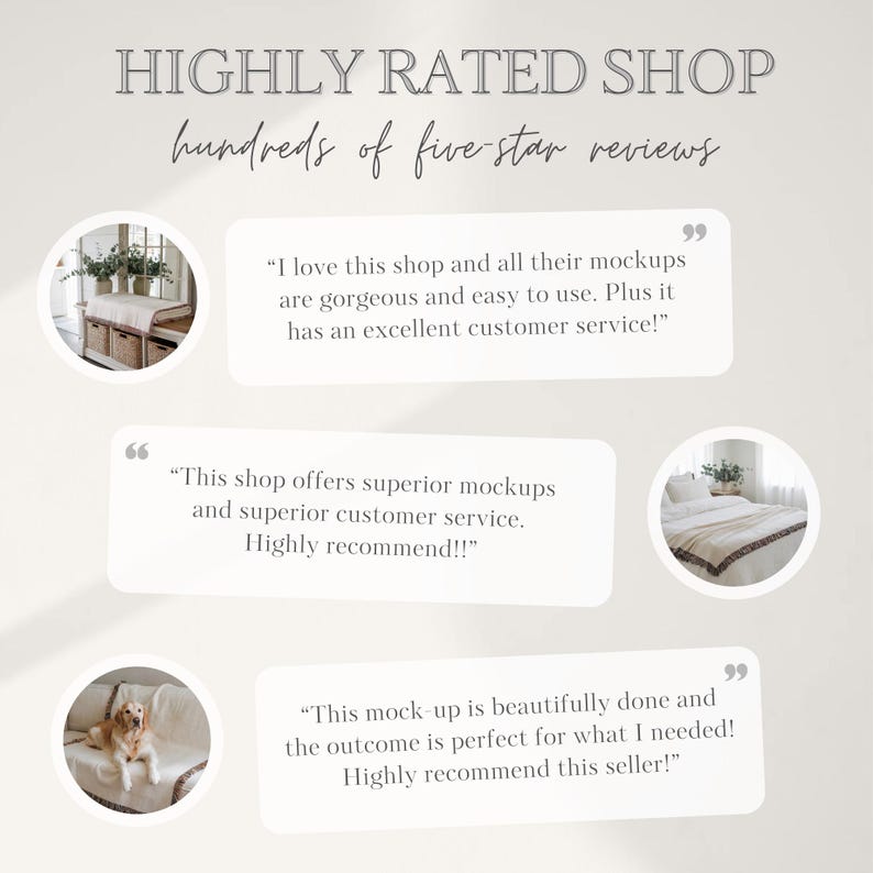 May include: Image showcasing a shop's high rating, with the text "HIGHLY RATED SHOP" and "hundreds of five star reviews." Includes customer testimonials in speech bubbles, with small circular images. The overall theme is positive customer feedback.
