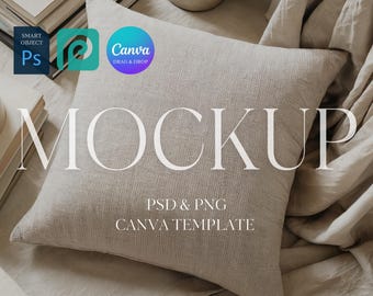 Maqueta de almohada tejida, maqueta de almohada cuadrada tejida, maqueta de cojín de impresión bajo demanda, objeto inteligente de Photoshop PSD Photopea, plantilla de Canva