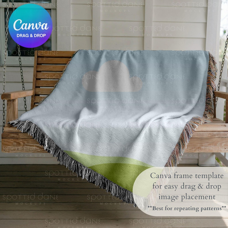 Gewebte Decke Mockup mit Schwarz und Weiß Fransen, Print on Demand Gewebte Decke MockUp, Photoshop Smart Objekt PSD, Canva Ziehen & Ablegen Bild 3