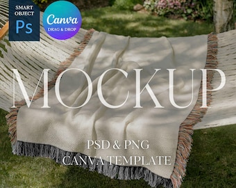 Woven Blanket Mockup With Black and White Fringe, Print on Demand Woven Throw Blanket Mock Up, Photoshop Smart Object PSD, Canva Drag & Drop