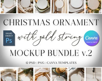 Christmas Ornament Mockup Bundle 3, Round Ceramic Ornament Mock Up, Print on Demand Ornament with Gold String, Holiday Mockups PSD Canva PNG