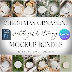 Op de afbeelding: Een mockup-bundel met witte kerstversieringen met gouden draad, gepresenteerd in verschillende omgevingen. De tekst luidt "CHRISTMAS ORNAMENT with gold string MOCKUP BUNDLE" en bevat "12 PSD | PNG | CANVA TEMPLATES".