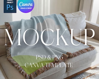 Woven Blanket Mockup, Woven Throw Blanket Mock Up, Print on Demand Woven Blanket Mockup, Photoshop Smart Object PSD, Canva Drag & Drop PNG