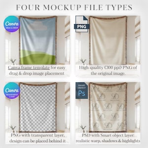 Pacchetto di mockup di coperte tessute, mockup di coperte tessute, mockup di coperte tessute con stampa su richiesta, oggetti avanzati in Photoshop (PSD), trascinamento della selezione in Canva immagine 5