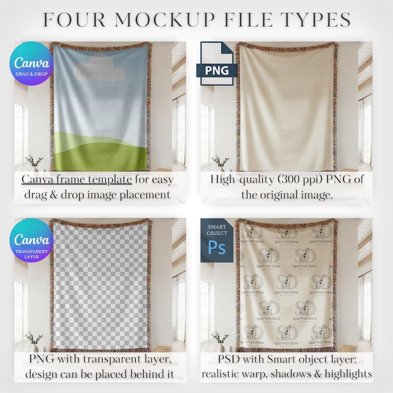 Pacchetto di mockup di coperte tessute, mockup di coperte tessute, mockup di coperte tessute con stampa su richiesta, oggetti avanzati in Photoshop (PSD), trascinamento della selezione in Canva immagine 5