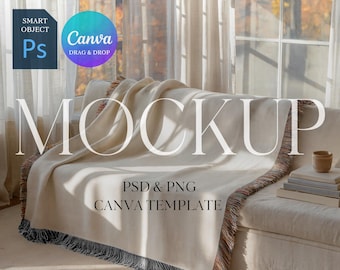 Woven Blanket Mockup with Black and White Fringe Fall Blanket Mockup Woven Throw Blanket Mock up PSD Mockup Blanket Autumn Mockup for Canva
