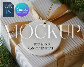 Christmas Ornament Mockup, Round Ceramic Ornament Mock Up, Print on Demand Ornament with Gold String, Photoshop Smart Object PSD, Canva PNG