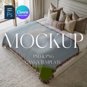 Woven Blanket Mockup, Woven Throw Blanket Mock Up, Print on Demand Woven Blanket Mockup, Photoshop Smart Object PSD, Canva Drag & Drop PNG