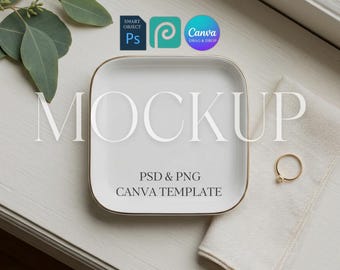 Jewelry Dish Mockup, Square Ceramic Ring Dish Mock Up, Trinket Dish Mock, Photoshop Photopea Smart Object PSD, Canva Drag & Drop