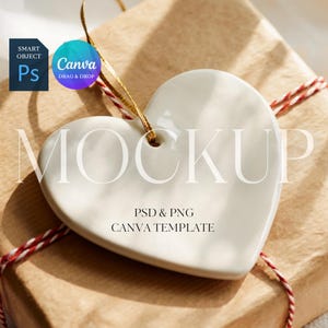 Herz Ornament Mockup, Keramik Ornament Mockup, Print on Demand Printify Weihnachtsschmuck Mockup, Photoshop Smart Objekt PSD, Canva PNG