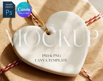 Heart Ornament Mockup, Ceramic Ornament Mock Up, Print on Demand Printify Christmas Ornament Mockup, Photoshop Smart Object PSD, Canva PNG