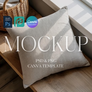 May include: A square, light gray pillow with the word "MOCKUP" in large white letters. The pillow is on a wooden surface, with the text "PSD & PNG CANVA TEMPLATE" below. Logos for Photoshop and Canva are visible.