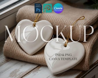 Heart Ornament Mockup, TWO Ornaments Mock Up, Multiple Heart-shaped Christmas Ornament Mockup, Photoshop PSD Photopea, Canva Template PNG