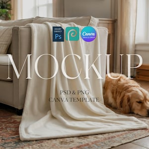 May include: A cream-colored blanket draped over a beige sofa. The blanket has a soft, plush texture. The word "MOCKUP" is displayed in large letters across the blanket. The text "PSD & PNG CANVA TEMPLATE" is below the word "MOCKUP". A golden retriever dog is lying on the floor.