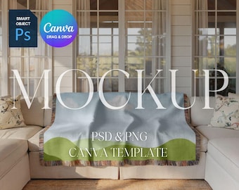 Woven Blanket Mockup, Woven Throw Blanket Mock Up, Print on Demand Woven Blanket Mockup, Photoshop Smart Object PSD, Canva Drag & Drop PNG