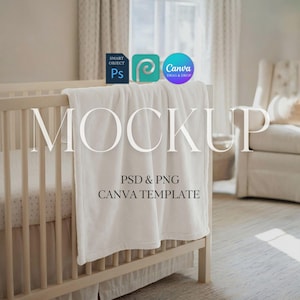 May include: A mockup image featuring a white baby blanket draped over a light-colored crib. The word "MOCKUP" is prominently displayed. The image includes icons for Photoshop, Photopea, and Canva, with text indicating PSD & PNG Canva template.