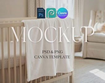 Baby Blanket Mockup, Nursery Velveteen Blanket Mock Up, POD Printify Minky Plush Blanket Mockup, Photoshop Smart Object PSD, Canva Template