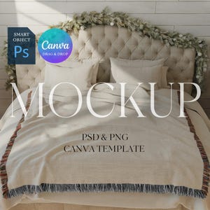 May include: A bed with a tufted headboard, white pillows, and a cream-colored blanket with fringe. The blanket has a red, green, and black pattern on the edges. The word "MOCKUP" is displayed across the blanket. The image also includes the text "PSD & PNG CANVA TEMPLATE".