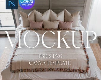 Woven Blanket Mockup, Woven Throw Blanket Mock Up, Print on Demand Woven Blanket Mockup, Photoshop Smart Object PSD, Canva Drag & Drop PNG