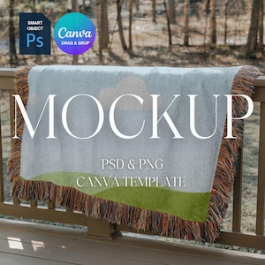 Woven Blanket Mockup, Woven Throw Blanket Mock Up, Print on Demand Woven Blanket Mockup, Photoshop Smart Object PSD, Canva Drag & Drop PNG