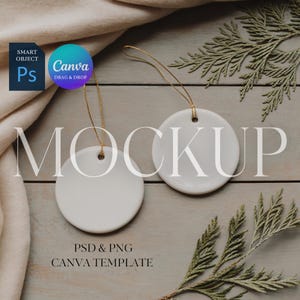 Christmas Ornament Mockup, TWO Round Ceramic Ornaments Mock Up, Print on Demand Ornament with Gold String, Photoshop Smart Object PSD Canva