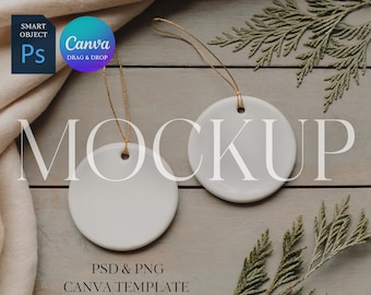 Christmas Ornament Mockup, TWO Round Ceramic Ornaments Mock Up, Print on Demand Ornament with Gold String, Photoshop Smart Object PSD Canva