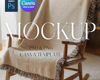 Woven Blanket Mockup, Woven Throw Blanket Mock Up, Print on Demand Woven Blanket Mockup, Photoshop Smart Object PSD, Canva Drag & Drop PNG