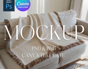 Mockup di coperta tessuta, Mockup di coperta tessuta, Mockup di coperta tessuta stampabile su richiesta, Oggetto avanzato Photoshop PSD, Canva Drag & Drop PNG