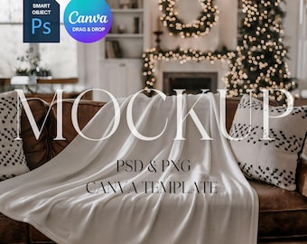 Christmas Blanket Mockup, White Minky Blanket Mock Up, Printify Velveteen Plush Blanket, Photoshop Smart Object PSD, Canva Drag & Drop PNG
