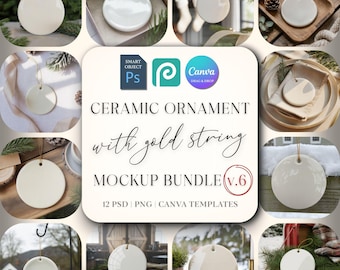 Christmas Ornament Mockup Bundle 7, Round Ceramic Ornament Mock Up, Print on Demand Ornament with Gold String, Holiday Mockups PSD Canva PNG