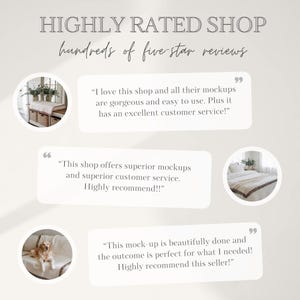 May include: Image showcasing a shop's high rating, with the text "HIGHLY RATED SHOP" and "hundreds of five star reviews." Includes customer testimonials in speech bubbles, with small circular images. The overall theme is positive customer feedback.