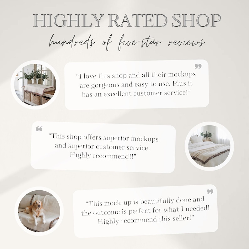 May include: Image showcasing a shop's high rating, with the text "HIGHLY RATED SHOP" and "hundreds of five star reviews." Includes customer testimonials in speech bubbles, with small circular images. The overall theme is positive customer feedback.