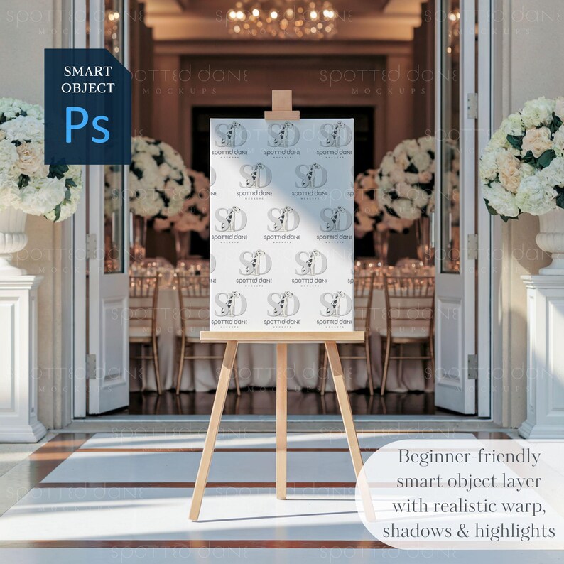 May include: A wooden easel with a white poster featuring a repeating pattern of the letters "SD" and the text "spotted dove". The poster is displayed in a room with white walls and a white tiled floor.